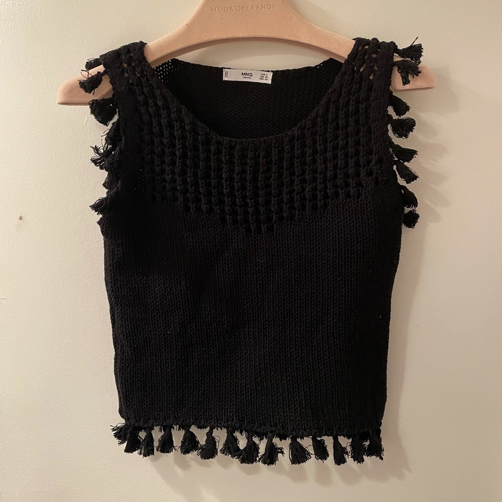 Mango Black Crochet Sweater with Tassels